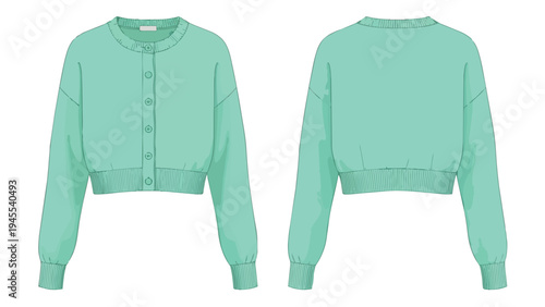 Stylish cropped mint green cardigan flat lay illustration. Front and back views of a comfortable, casual women's knitwear garment design for fashion