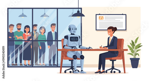 Flat 2D illustration of a businesswoman sitting at a desk with a robot in an office, discussing AI and unemployment with colleagues in the background.