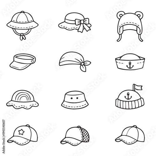 Set of vector headwear icons. Sun protection accessories. Baseball caps, Panama hats