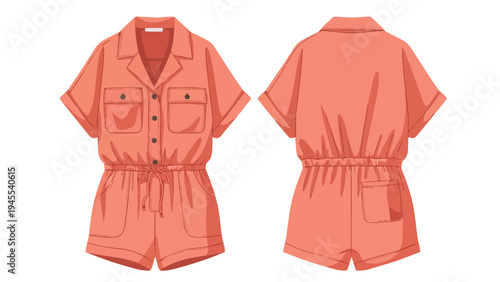 A stylish front and back view of a vibrant coral-colored women's short sleeve utility romper with an elastic drawstring waist and practical pockets