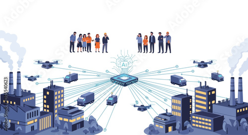 Flat 2D illustration of a concept depicting a central microchip connecting people and industrial vehicles against a backdrop of factories and smokestacks with a futuristic theme.