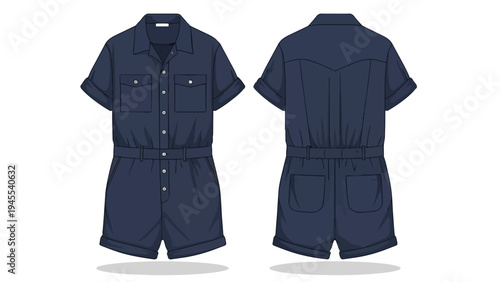 Contemporary navy blue utility romper design with front and back views for versatile casual wear template