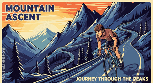 Mountain Ascent Cycling Journey Through Peaks Vintage Poster Style