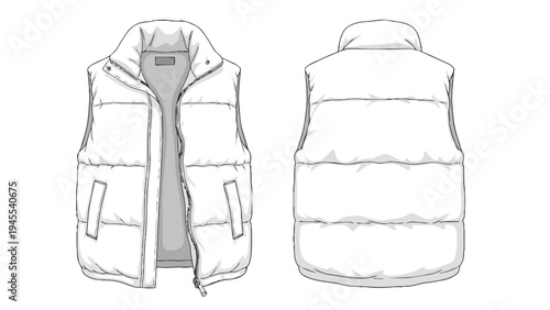 Detailed technical flat sketch of a modern unisex padded vest a versatile outerwear apparel design for fashion illustrations garment production