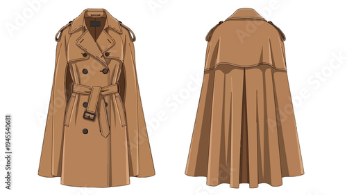 Detailed illustration of a sophisticated brown double-breasted trench coat, showcasing its classic features, cinched belt, and graceful cape back in