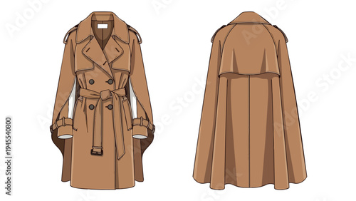 A sophisticated beige trench coat design with detailed front and back views showcasing classic autumn outerwear style