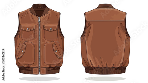 A comprehensive vector design showcasing the front and rear aspects of a rugged brown sleeveless vest, complete with functional pockets and a sturdy