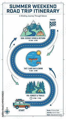 Summer weekend road trip itinerary infographic map with car lake and mountains