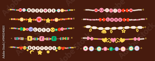 Friendship beaded bracelets and necklace accessories. Trendy Y2K jewelry with colorful plastic beads, braid details, and friendship elements. Perfect for kids, fashion, and handmade craft themes.