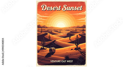 Desert Sunset Vintage Poster: RV Camper in Vast Arid Landscape with Cacti
