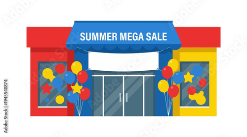 Flat design summer mega sale retail shop facade with blank sign awning and balloons