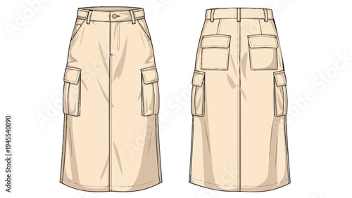 Beige midi cargo skirt technical flat. Front and back views detailed. Utilitarian patch pockets, belt loops, and button closure. Ideal for apparel