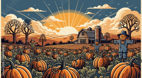 Autumn Harvest Pumpkin Patch with Scarecrows and Barn at Sunrise