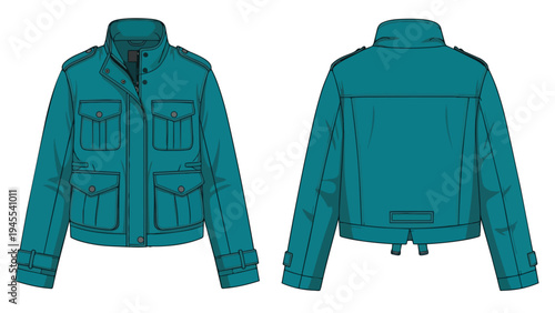 Stylish teal technical jacket drawing, front and back views, featuring multiple pockets and a versatile design for modern