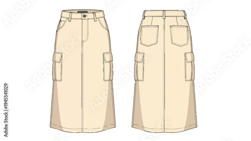 A detailed technical drawing illustrating a versatile cargo midi skirt with functional pockets, front and back views for fashion design and apparel