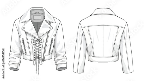 Technical fashion flat drawing of a women's cropped biker jacket showcasing front lacing functional zippers ideal for apparel design creation.