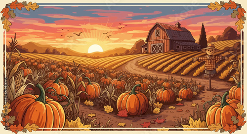 Pixel Art Autumn Pumpkin Patch at Sunset with Barn and Scarecrow