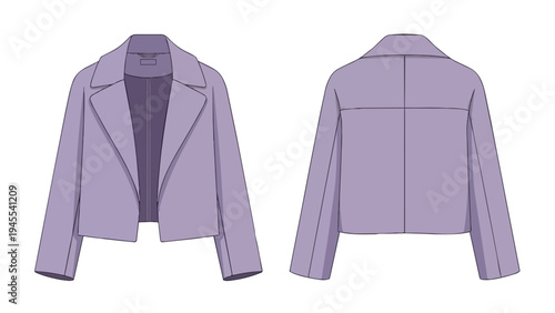 Modern cropped lilac jacket technical drawing fashion flat sketch front and back view minimalist design apparel illustration