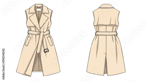 Contemporary sleeveless trench vest technical fashion flat drawing for apparel design illustration