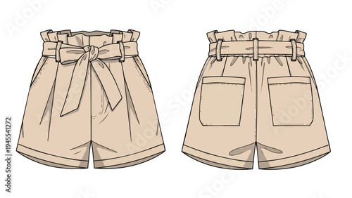 Fashion flat sketch of women's paper bag shorts with tie waist and pockets front back view