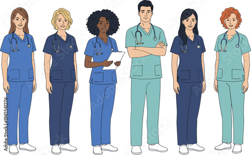 Group of smiling nurses and doctors standing together in full length, showing teamwork and professional healthcare conceptGroup of smiling nurses and doctors standing together in full length