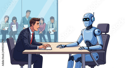 A businessman in a suit sits across from a robot at a desk in a flat 2D illustration with a concept of AI and unemployment in a modern office setting.