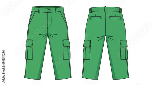 Detailed technical illustration of contemporary casual green cargo trousers, presenting both the front and rear aspects, perfect for apparel design