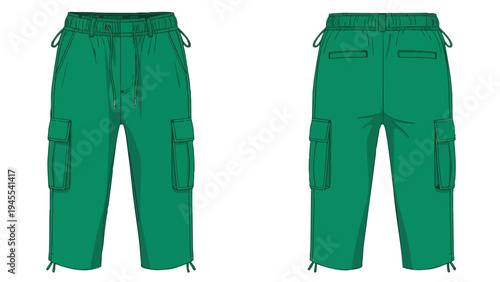 Contemporary forest green cargo trousers with adjustable waist and utility pockets, front and back views for versatile apparel design