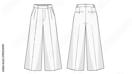 Professional technical fashion flat sketch of elegant wide-leg pleated trousers showcasing intricate front and back views for apparel design projects