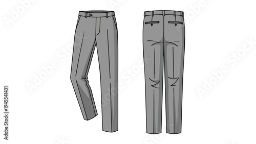 A precise technical illustration of men's grey dress trousers, showing both front and back views. Essential for fashion design, pattern creation,