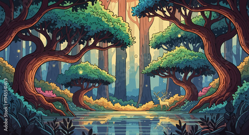 Enchanted Forest Glade with Mystical Light and Gentle Stream