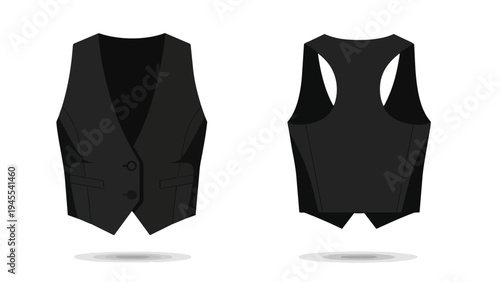 Sleek black formal vest fashion illustration showcasing both its front with buttons and pockets and its distinct racerback design, ideal for
