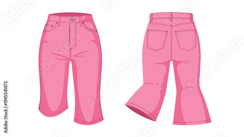 Vibrant pink flared pants illustration capturing modern casual fashion aesthetic with distinct front and rear views showcasing youthful apparel