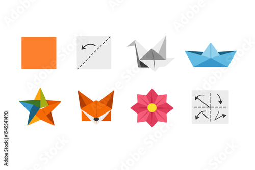 Origami creations and folding instructions displayed in a grid format