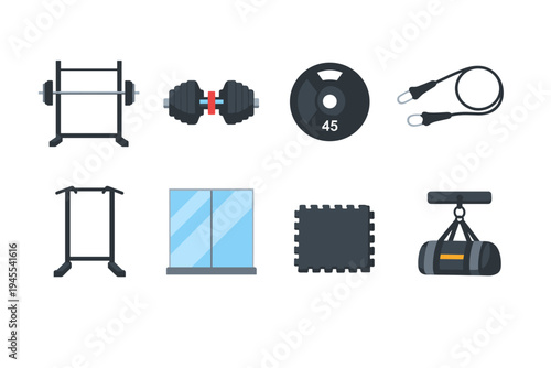 Collection of gym equipment and accessories for a workout session