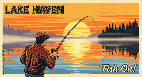 Fisherman casting line on serene lake at sunset, 'Fish On!' text