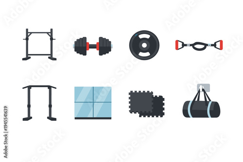 Collection of flat design icons representing various fitness equipment and gym accessories