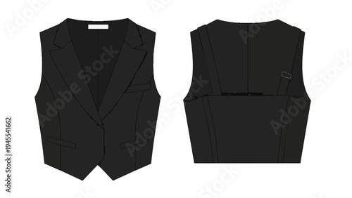 Elegant professional black sleeveless vest garment technical drawing showcasing detailed front and back views ideal for fashion design and apparel