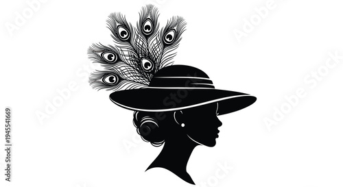Vector silhouette of woman wearing hat with peacock feathers