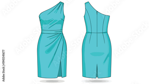 Modern aqua one-shoulder draped cocktail dress fashion flat design illustration, front and back views for garment creation