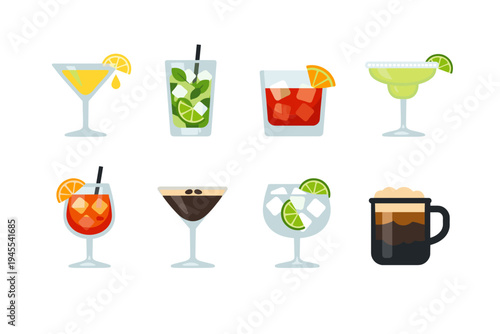 Collection of eight different colorful cocktails and drinks in glasses on white background