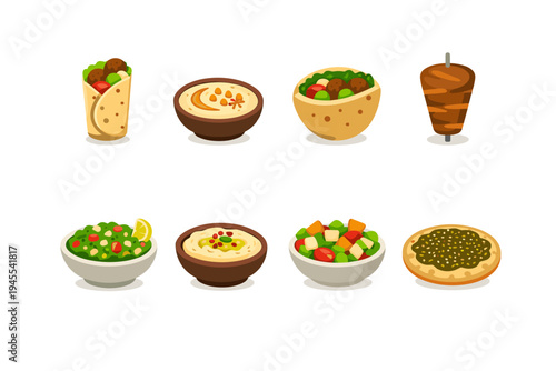 Collection of Middle Eastern food icons including shawarma, falafel wrap, hummus, and salad