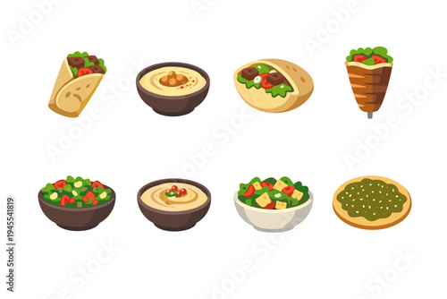 Collection of Middle Eastern food items including shawarma, falafel, hummus, and salads