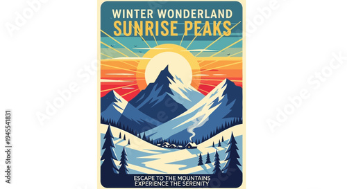Winter Wonderland Sunrise Peaks Vintage Travel Poster