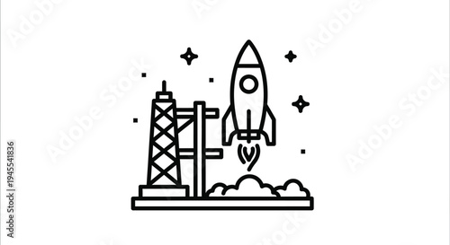 Vector graphic illustration of a rocket launching into space from a launchpad