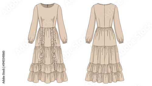 Detailed technical fashion flat sketch of a long-sleeved ruffled maxi dress, showing front and back design elements