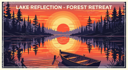 Serene Lake Reflection at Sunset with Forest and Rowboat