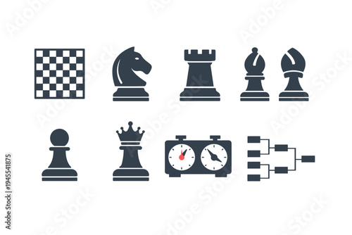 Collection of chess game icons including board, pieces, timer, and tournament bracket