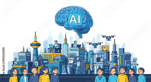 Flat 2D illustration of people standing in front of a futuristic cityscape with a large blue brain and AI text, conveying a concept related to technology and unemployment.