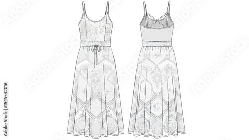 Fashion flat sketch of a women's patterned sundress with drawstring waist, front and back views